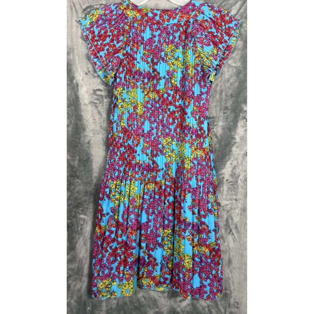 New Directions Dress Womens A Line Turquoise Blue Floral Pleated Short Sleeve - Picture 12 of 14